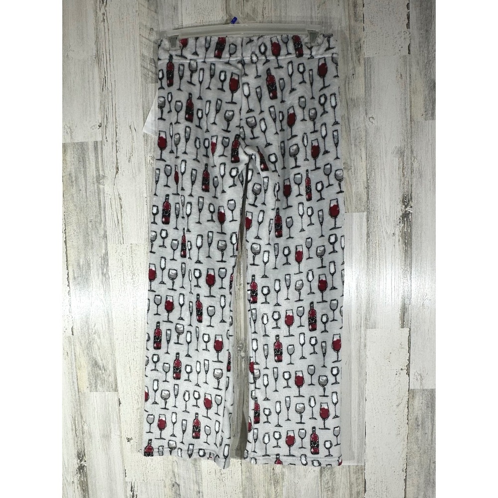 Daydream Pajama Pants Small Gray Wine Glass Bottle Print Plush Fleece Loungewear - Picture 2 of 8